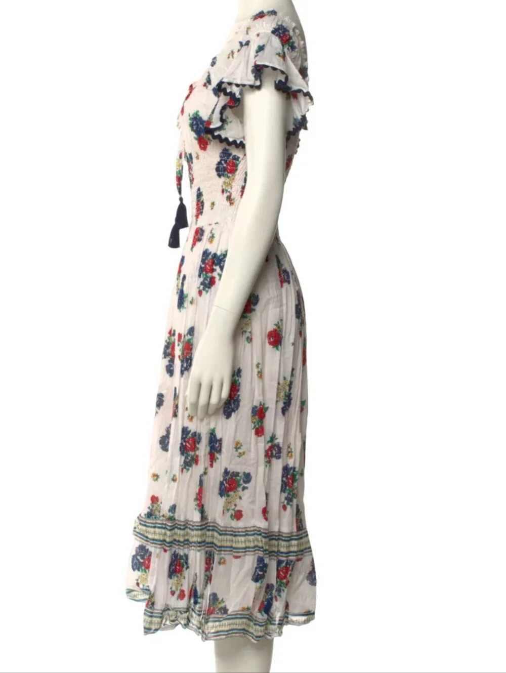 Tory Burch Meadow Folly Cotton Voile Midi Dress with a red and blue floral print